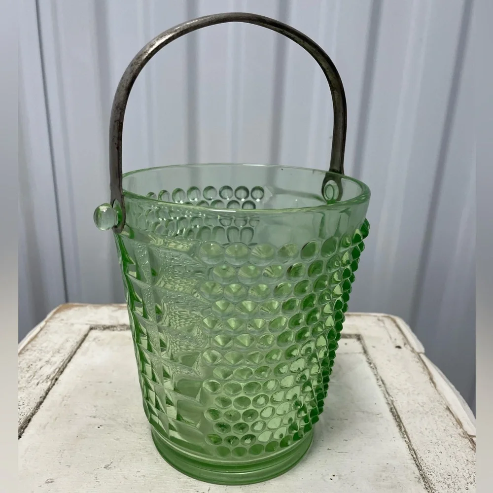 Very Rare Vintage Depression Uranium Glass Liberty Works Green Ice Bucket